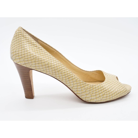 Cole Haan Heels Womens 8 Tan Snake Print Leather Peep Toe Stacked Heel Pumps - Picture 4 of 12